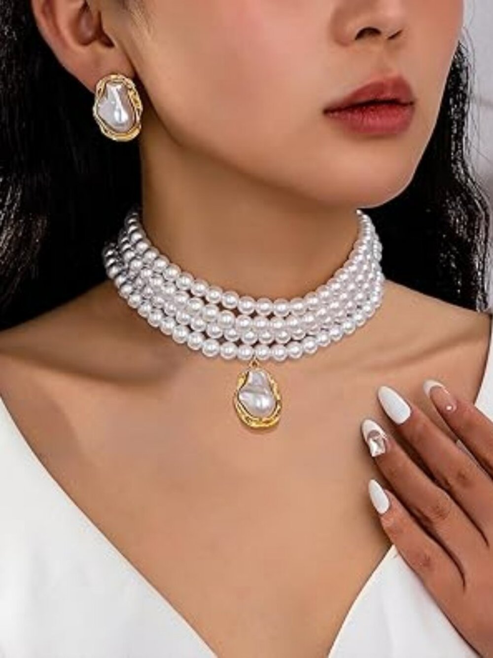 Chunky Pearl Choker and Earrings Set Great for Prom Wedding Party's Dance